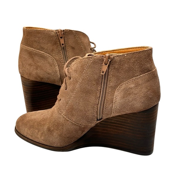 NEW Lucky Brand Women's Bootie 7M Shylow Wedge Beige Suede Lace Up Side Zipper - Picture 5 of 14